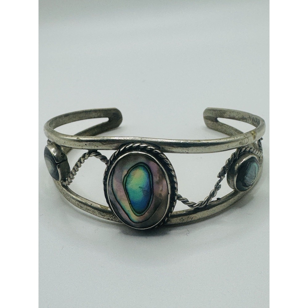 Vintage Alpaca Mexico Abalone Shell Cuff Bracelet Silver Tone Southwestern